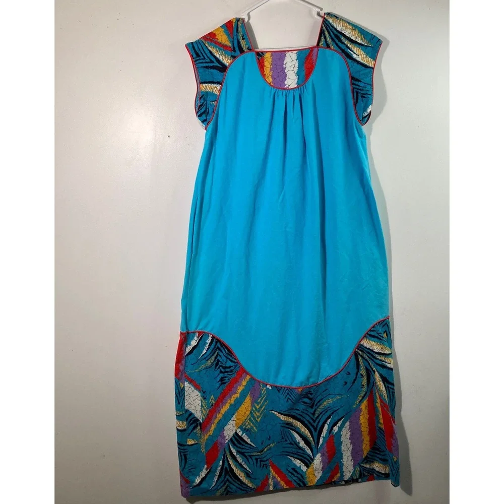 Womens Vintage Keyloun Abstract Tropical Midi/Maxi Floral Dress Blue‎ M - Picture 2 of 8